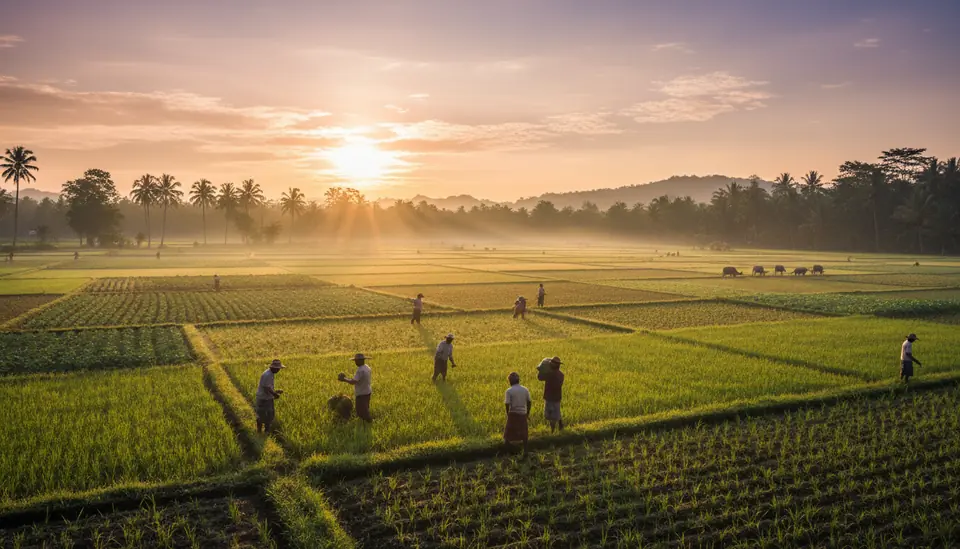 Farmers working in green fields at sunrise