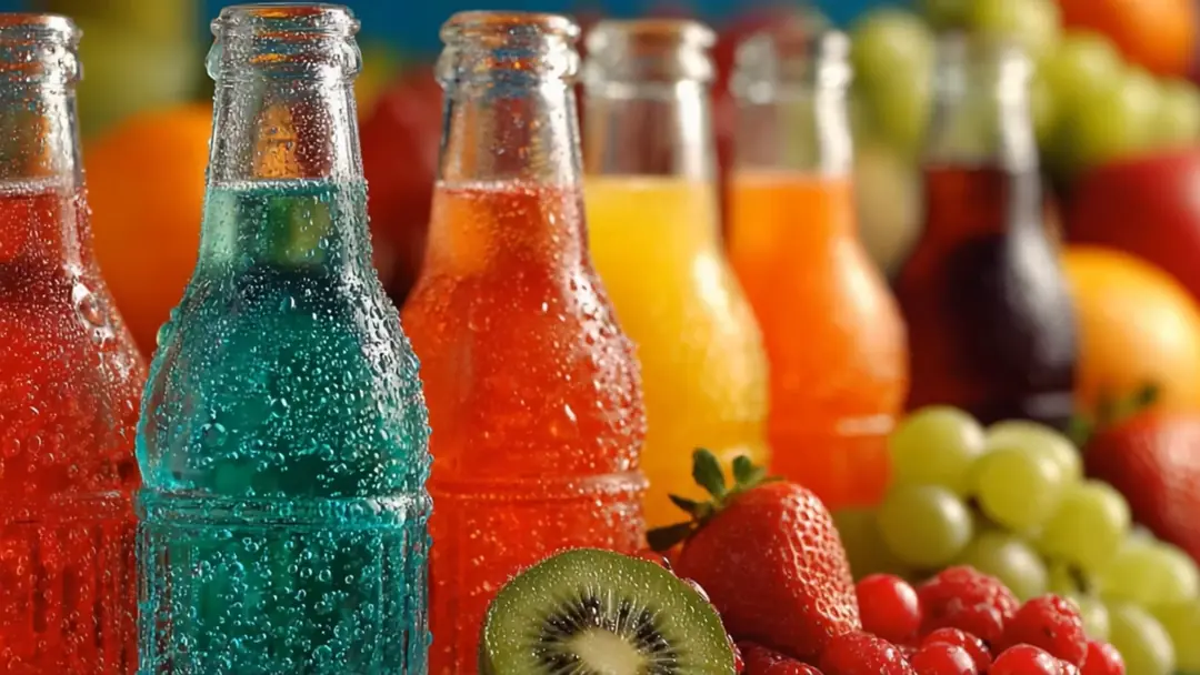 Chilled fruit-flavoured drinks in glass bottles with condensation