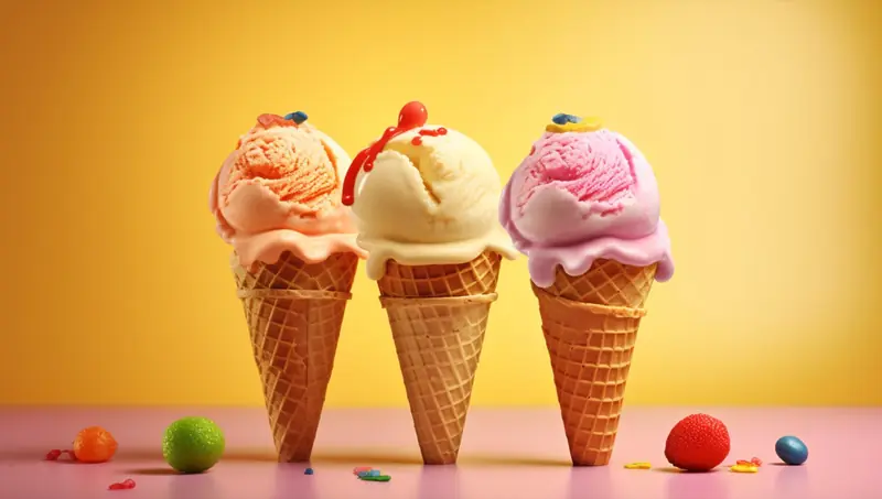 Three ice cream cones in strawberry, vanilla and pistachio