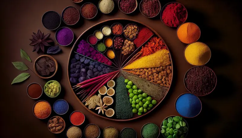 A round tray of colourful spices, seeds and dried flowers