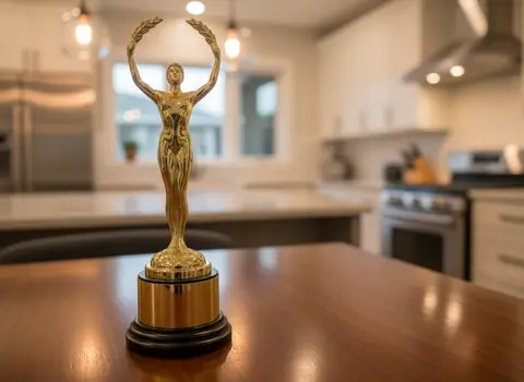 A golden award trophy on a table