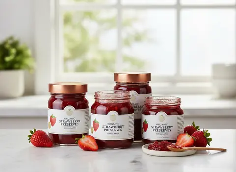 Jars of strawberry preserve on a kitchen counter
