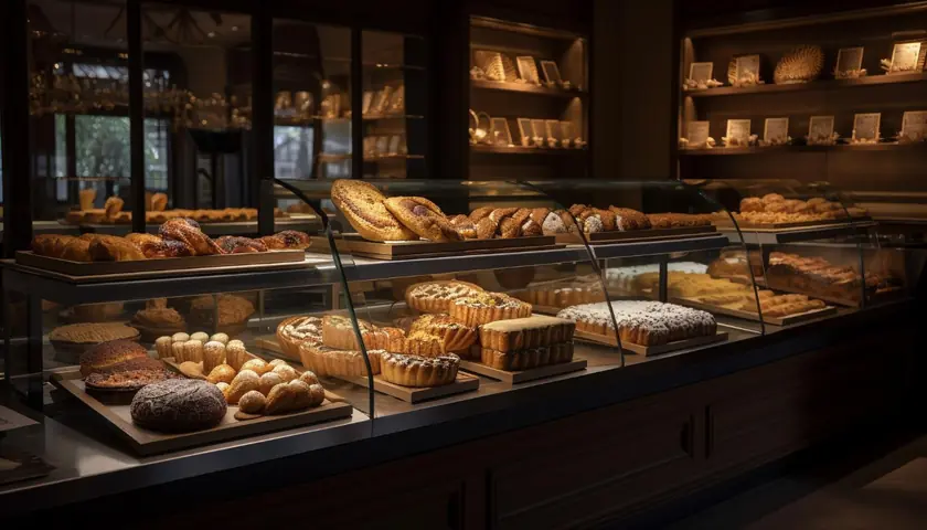 A bakery counter filled with breads and pastries