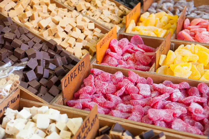 Crates of sugared jellies and fudge at a sweet shop